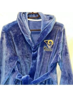 Blue RAMS Hooded Bathrobe, Size Y-M, PTP 20”, Length 32”, Velour, (T4-319)